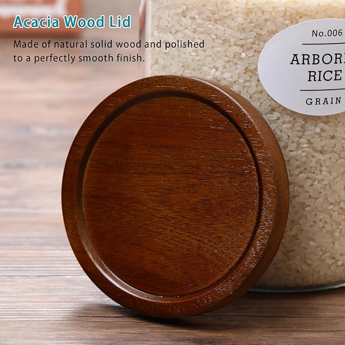 2-pack 3/4 gallon glass storage container with Acacia Wood Lids and glass spoon, Sealable Waterproof, Large Tall Glass Jar,Glass food storage Jars Set for Coffee bean, Nut, Candy, Cereal, Flour，sugar