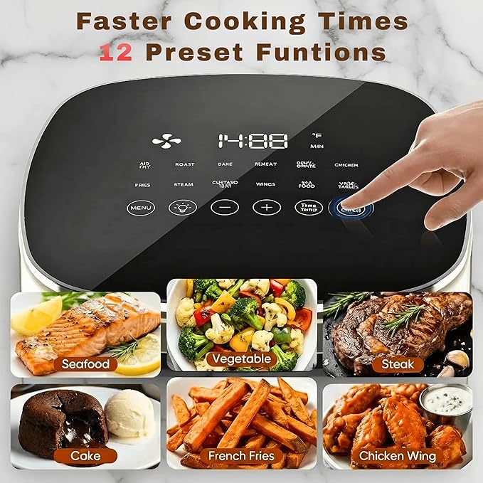 Airfryer 12-in-1,Large Air Fryer 6QT, Square Airfryers Non Toxic, Cooking, Fries, Custard, Chicken Wings, Sea Food, Vegetabels, Nonstick & Easy-Clean Basket, Grey