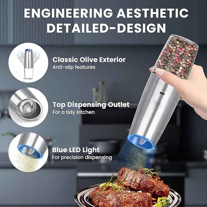 Rechargeable Electric Salt and Pepper Grinder, gravity electric salt and pepper grinder, Adjustable Roughness, LED Light, 1 Pack, (Silver)