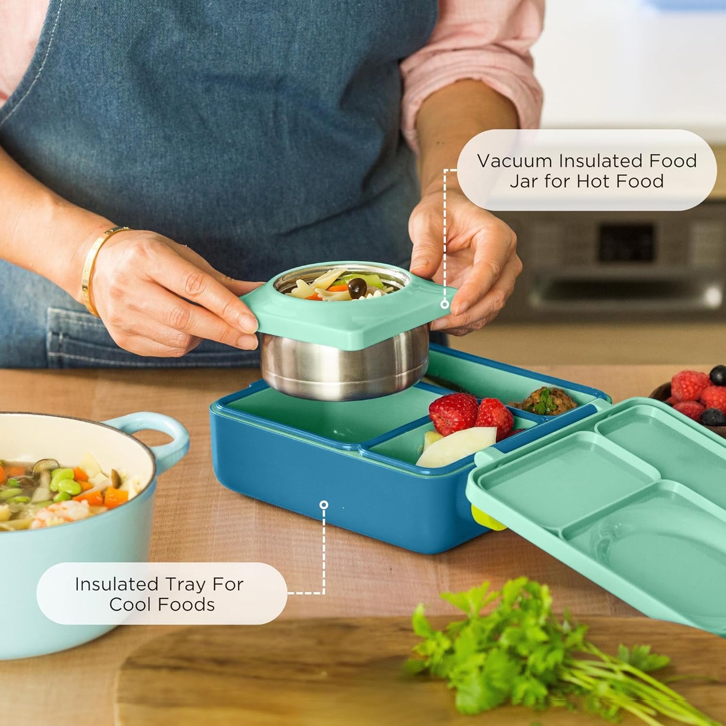 OmieBox Bento Box for Kids - Insulated Bento Lunch Box with Leak Proof Thermos Food Jar - 3 Compartments, Two Temperature Zones - (Meadow)