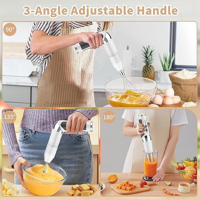 Toogel Cordless Immersion Blender, 4-in-1 Electric Hand Blender with 21-Speed & 3-Angle Adjust, USB Rechargeable, BPA-Free & Dishwasher Safe for Baby Food, Smoothies, Soup (White)