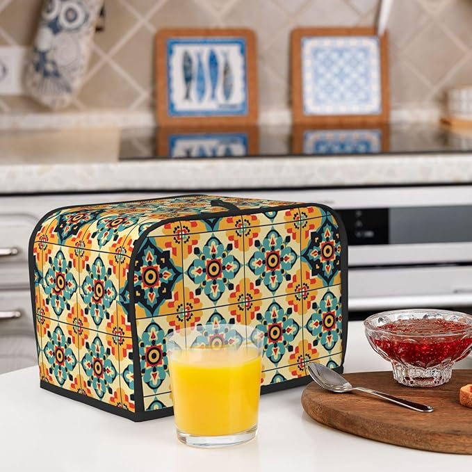Brown Boho Tile Toaster Cover 2 Slice, Cute Rural Bread Machine Cover, Washable Dust-Proof Cover for Kitchen Small Appliance Cover,with Top Handle