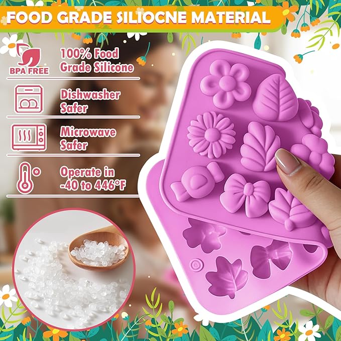 HKNMTT Flower Candy Molds Silicone, Small 9 Shapes Bite Size Chocolate Gummy Jello Gelatin Spring Cute Bow Rose Leaf Dessert Wax Melt Ice Cube Moulds Food Grade Treats Making Oven Safe Kids DIY Set