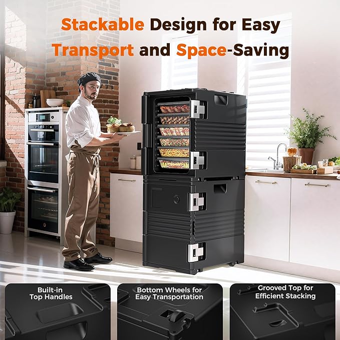 95Qt Non-Electrical Food Warmer with Wheels, 304 Stainless Steel Latch, Catering Food Warmers for Parties LLDPE Insulated Food Carrier for 6 Full-Size Pans(NOT Included), Hot Boxes for Catering