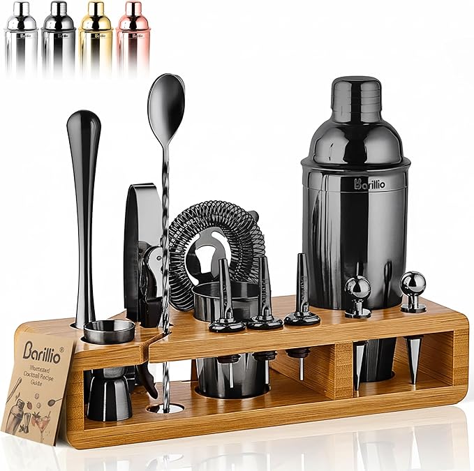 Barillio Black Bartender Kit - Stainless-Steel Cocktail Shaker Set w/Bamboo Stand - Mixology Bar Tools w/Drink Shaker, Mixer Spoon & Muddler for Cocktails - Home Bar Accessories - 23-Pc Bar Set