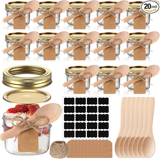 Baderke 20 Set Mini Mason Jars with Wood Spoon 4 oz Mini Jam Jars with Lids and Labels, Small Glass Canning for Jelly Spice Herbs Honey Storage Bridal Shower Wedding Favors DIY Candles (Gold)
