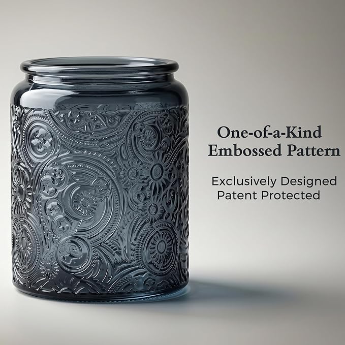 Art Secret 9-Pack 8oz Embossed Glass Candle Jars with Lids and Labels - Sun Moon Stars Design (Gray)