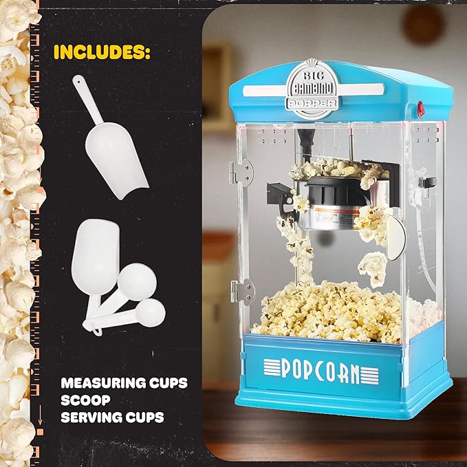 Big Bambino Popcorn Machine - Old-Fashioned Popcorn Maker with 4-Oz Kettle, Measuring Cups, Scoop, and Serving Cups by Great Northern Popcorn (Blue)