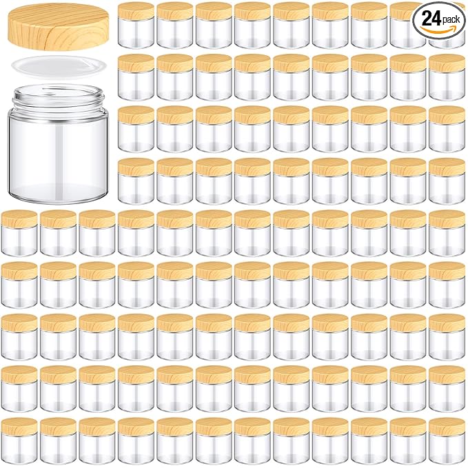 Norme 24 Pcs 4 oz Glass Jars with Lids, Empty Glass Containers with Woodgrain Lids & Inner Liners, Reusable for Storing Creams Lotions Cosmetic Powder Ointments Making (natural wood)