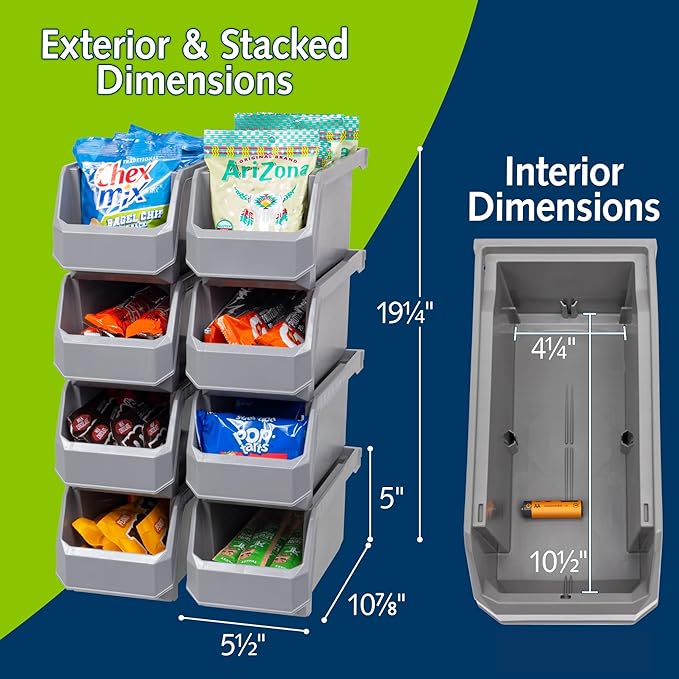Plastic Containers for Organizing and Storage Bins for Closet, Kitchen, Office, Garage or Pantry Organization, Stackable Bins, Medium (11" x 5" x 5.5"), 8-Pack, Grey