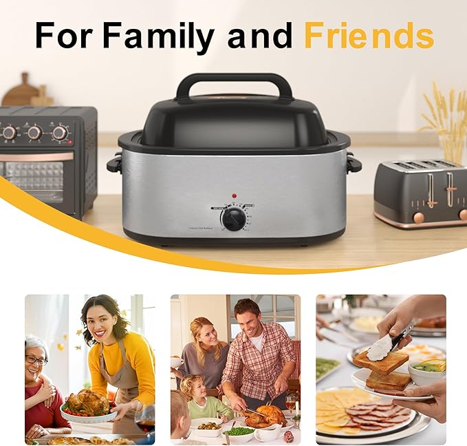 28 Quart Electric Roaster Oven with Visible & Self-Basting Lid, Large Turkey Roaster with Defrost Warm Function, Adjustable Temperature, Removable Pan Rack, Stainless Steel, Silver