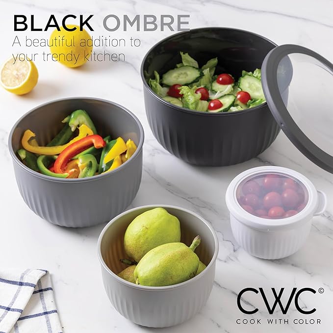 COOK WITH COLOR Prep Bowls with Lids- Wide and Deep Nesting Plastic Small Mixing Bowl Set with Lids, 12 Piece Set - Deep Bowls, Black/White