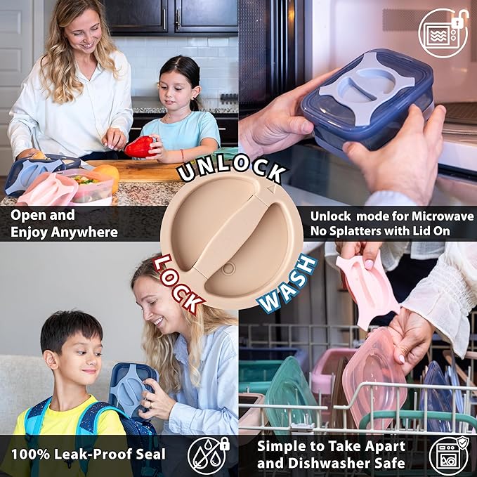 Bento Lunch Box Pack of 4 Leakproof Salad and Meal Prep 3 Cups 25.5oz Container Twistlock Lid Reusable Portable, Microwave and Dishwasher Safe BPA-Free For Work