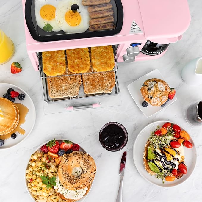Nostalgia 3-in-1 Retro Breakfast Station - Includes 5 Cup Coffee Maker, Non-Stick Ceramic Griddle, and 4-Slice Toaster Oven - Built-In Timer, Reusable Coffee Filter, Space-Saving Design - Pink