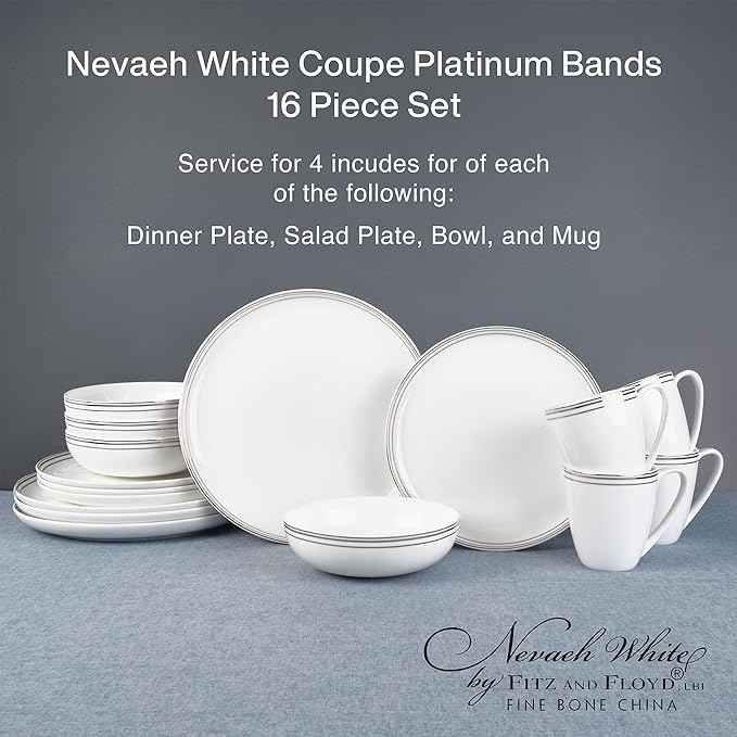 Everyday White by Fitz and Floyd Nevaeh Bone China Coupe Gold Bands Dinnerware Set, Service for 4