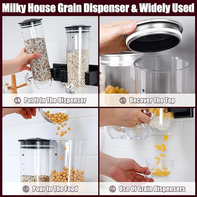 2 Pack Cereal Dispensers, Wall Mounted Food Dispenser Large Capacity Candy Dispenser, Double Dry Food Dispensers Wall Mount, Grain Dispenser for Kitchen Storage Oatmeal Snack Coffee Beans Candy, Black
