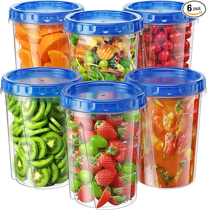 BiuLeon 6 Pack-34 oz Freezer Storage Containers, Plastic Food Storage Containers with Twist Top Lids, BPA Free and Reusable Soup Containers with Lids, Leakproof/Microwave/Dishwasher Safe