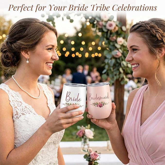 CARAKNOTS Bridesmaid Proposal Gifts Bridesmaid Cups Set of 5 Wedding Tumbler for Bridal Shower Engagement Bachelorette Party Favor Maid Pink Stainless Steel Wine Tumbler with Lid and Straw 12 oz