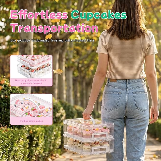 Cupcake Carrier, Cupcake Holder With Lid And Handles, 2-Layer Cupcakes Containers, 24 count Reusable Cupcake Box, Cupcake transport container With Portable Insulated Bag and 200Pcs Cupcake Liners