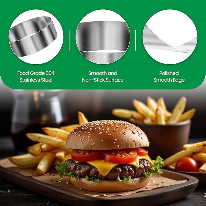NOSSIDO 8-Piece 304 Stainless Steel Burger Bun Ring Mold Set - 4.5" & 4.4" Diameter - Perfect for Buns, Eggs, Pancakes, Mini Quiches, Desserts, and More | Durable, Versatile, and Ideal for Professional & Home Kitchens