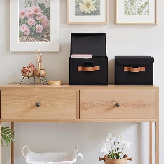 GRANNY SAYS Small Storage Bins with Lids, Small Storage Boxes, Shelf Baskets for Shelf, Collapsible Storage Bins for Living Room, Bedroom, 10x8x7 Inch, Black, 2-Pack