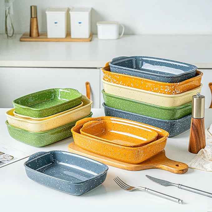 Ceramic Bakeware Dish Set of 3, Rectangular Baking Casserole for Oven,High Heat Resistant,Lasagna Pan Deep with Handles,Handcraft Speckle Series (13.8''/12''/9.6''Grey)