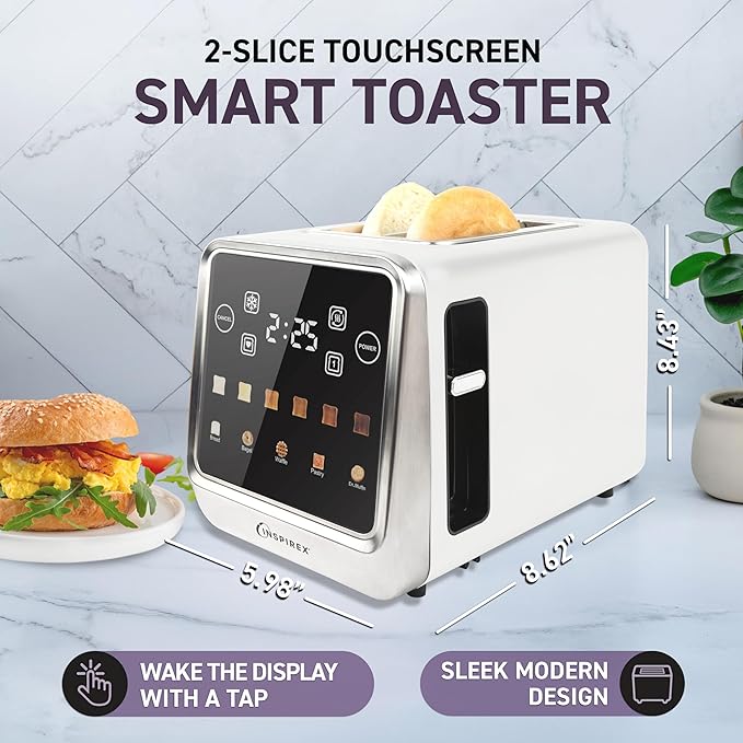 Inspirex Touch Screen Toaster - 2 Extra Wide Slots - 5 Bread Types and 6 Browning Levels - Defrost, Reheat, Favorite, & Single Slot Modes - For Toast, Bagels, & Waffles – White