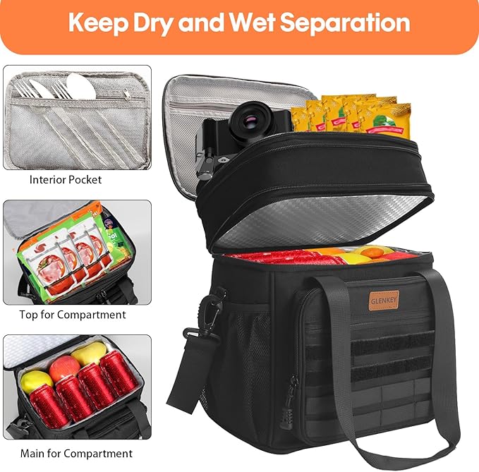 Tactical Insulated Lunch Bag Lunch Box - Expandable Large Cooler Bag for Men - Versatile Lunchbox for Adults Work Shifts Outdoor Trips Black 16L