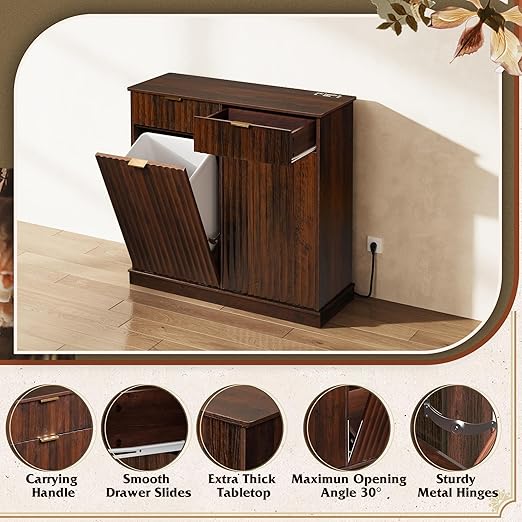 WLIVE 2 * 10 Gallon Double Tilt Out Trash Can Cabinet, Hidden Trash Can Cabinet with 2 AC+ USB Outlets, Storage Drawers, Food/Clothes Storage Pet Proof Kitchen Trash bin Cabinet for Home (Brown)