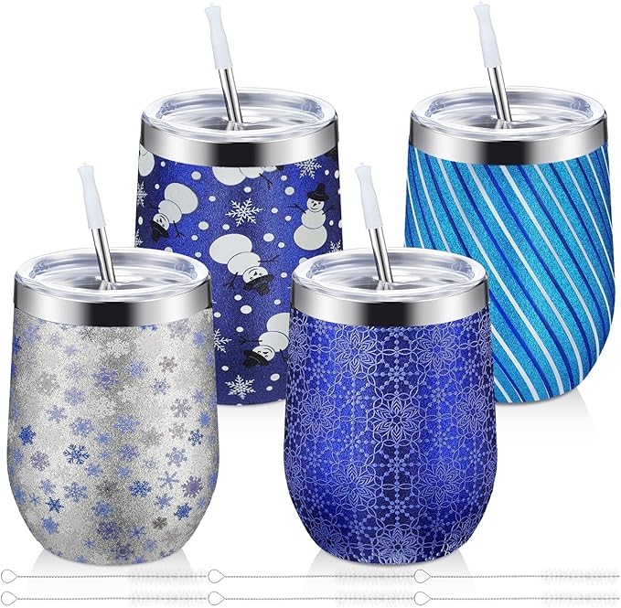Sliner 4 Pack Pack Christmas Glitter Tumbler Bulk, 12 oz Holiday Wine Tumbler Set Stainless Steel Insulated Sparkling Glitter Cup with Lids Straws and Brushes Travel Mug Xmas Gift (Fresh Style)