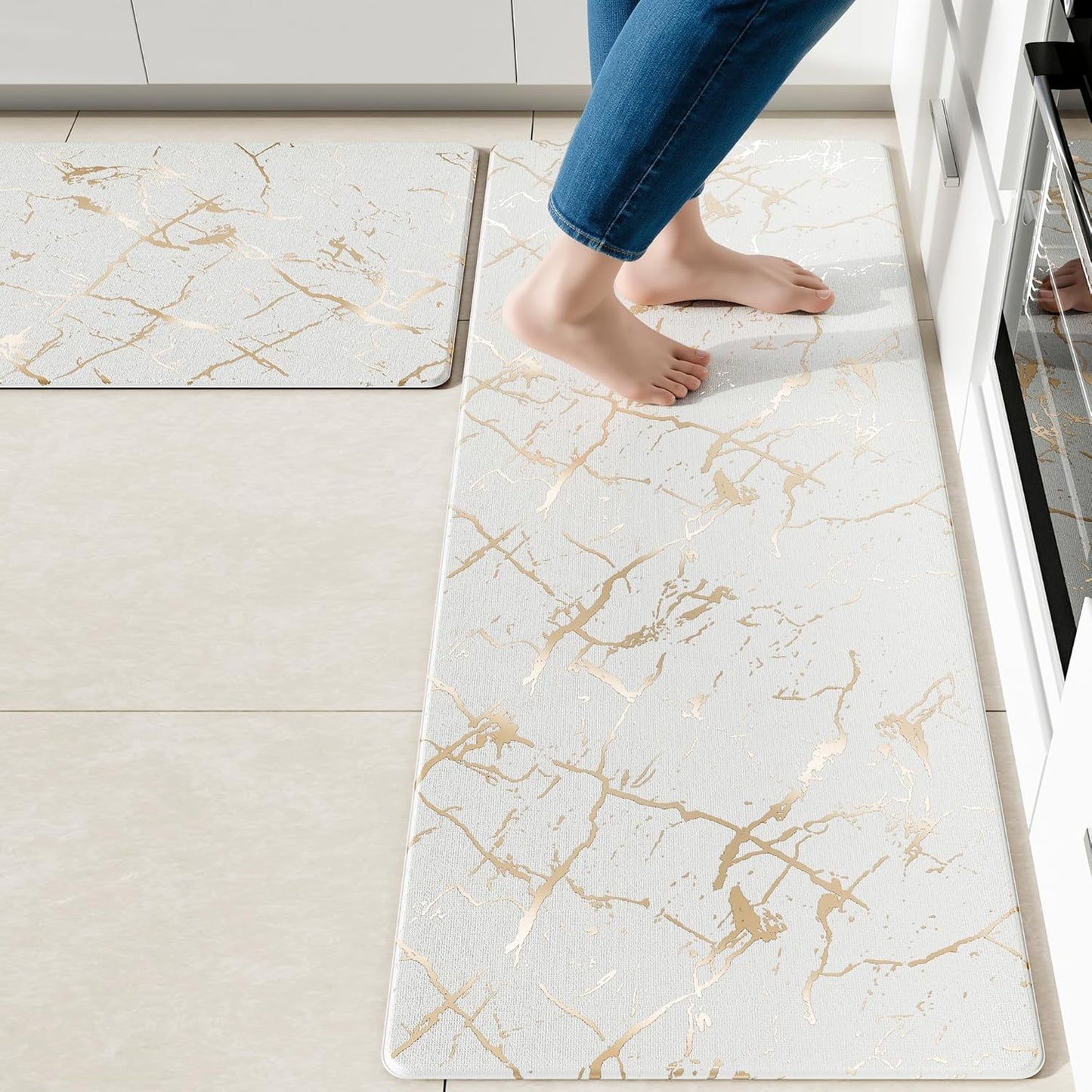 Gold Foil Stamped Marble Kitchen Mats for Floor 2PCS Cushioned Anti Fatigue Non Slip Waterproof Comfort Leather Kitchen Rugs 2/5 Inch PVC Kitchen Mats for Sink, Laundry, 17.3"x28"+17.3"x59",White