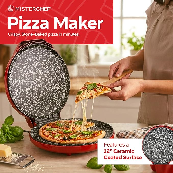 MisterChef Countertop Pizza Maker, 1450W Mini Pizza Oven, Pizza Maker Oven With 12″ Non-Stick Ceramic Plate, Indoor Electric Pizza Oven for Crepes, Pancakes - Red