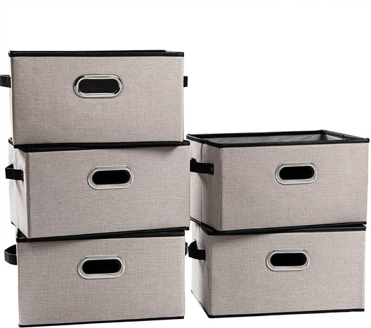 PRANDOM Large Fodable Storage Bins for Closet [5-Pack] Decorative Linen Fabric Storage Bins Cubes with Leather/Metal Handles for Shelves Bedroom Living Room Light Grey (14.9x9.8x8.3 Inch)