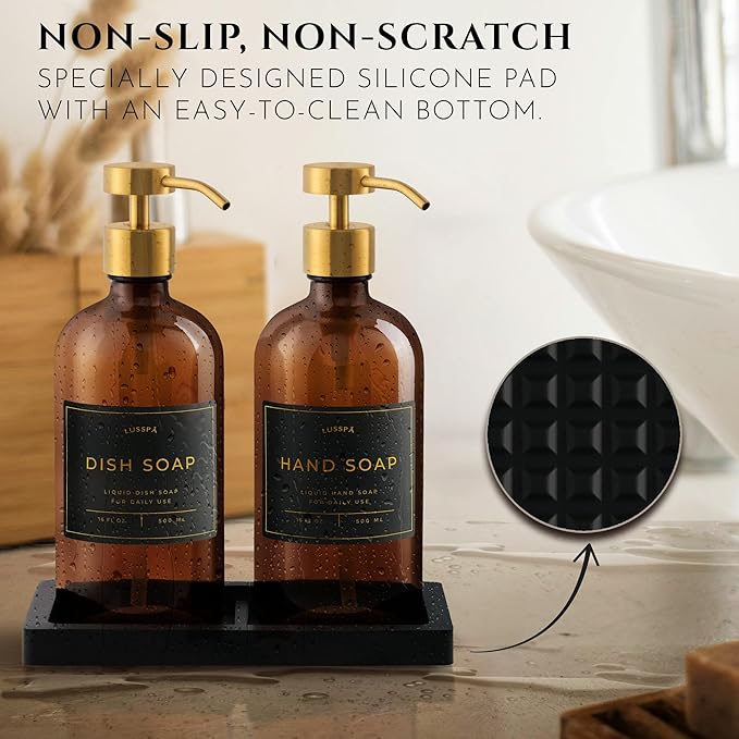 Glass Soap Dispenser Set of 2 (Amber) with Silicone Tray | Hand and Dish Soap Dispenser for Kitchen and Bathroom | 16.8 Oz Glass Bottles with Stainless Steel Pump & 15 Waterproof Labels (Amber/Gold)
