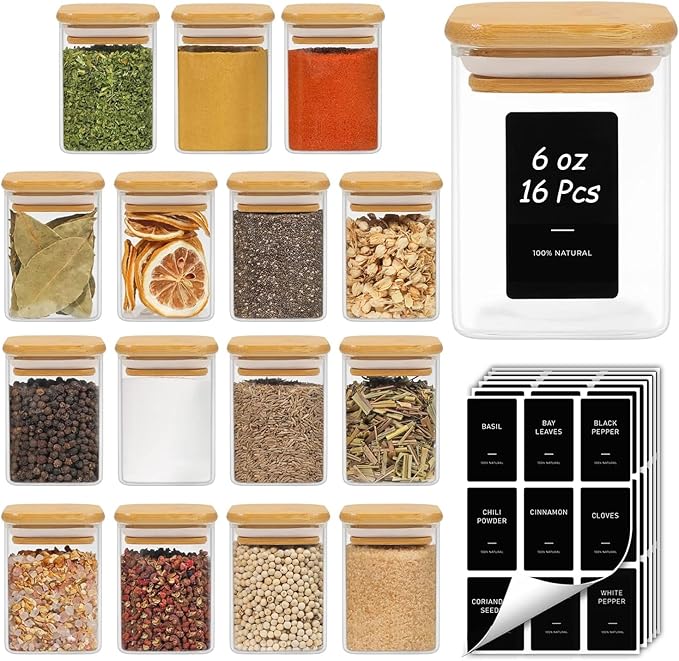 ComSaf 16Pcs Spice Jars with Labels, Glass Jar with Bamboo Lid, 6oz Airtight Square Containers with Black Lables, Empty Seasoning Jars for Spice, Salt, Pepper, Sugar