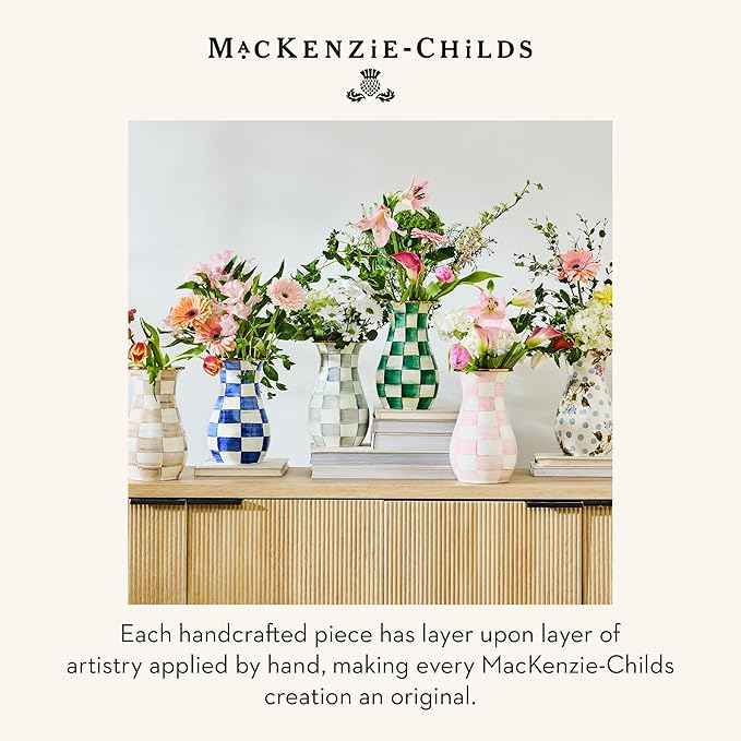 MACKENZIE-CHILDS Tall Enamel Vase, Unique Flower-Vase Decor for Living Room, Gray-and-White Sterling Check