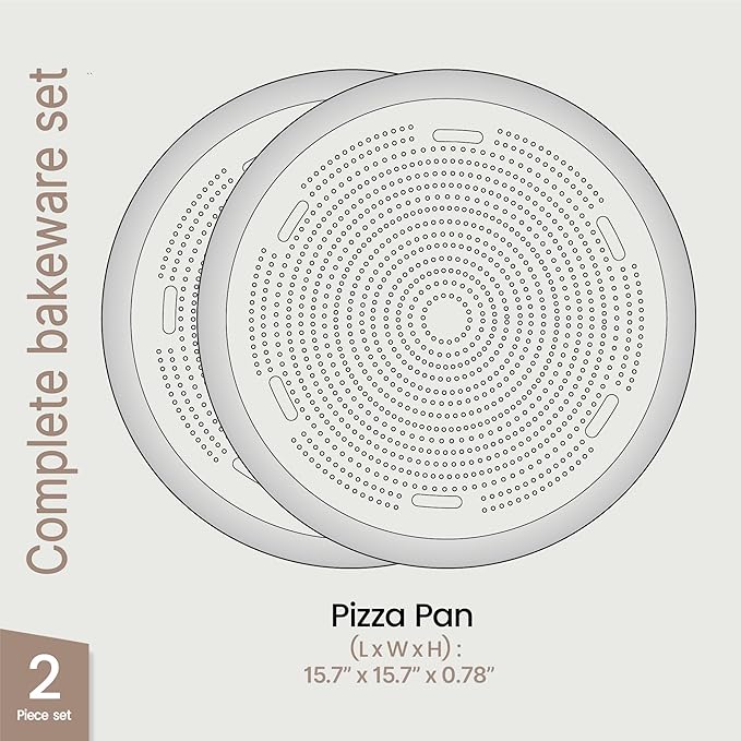 Bakken 16 Inch Non-Stick Pizza Pan 2 Pack, Round Carbon Steel Pizza Tray with Perforated Holes, PFOA, PFOS, & PTFE-Free, Dishwasher & Oven Safe Up To 450°F, Durable Nonstick Coating, Silver