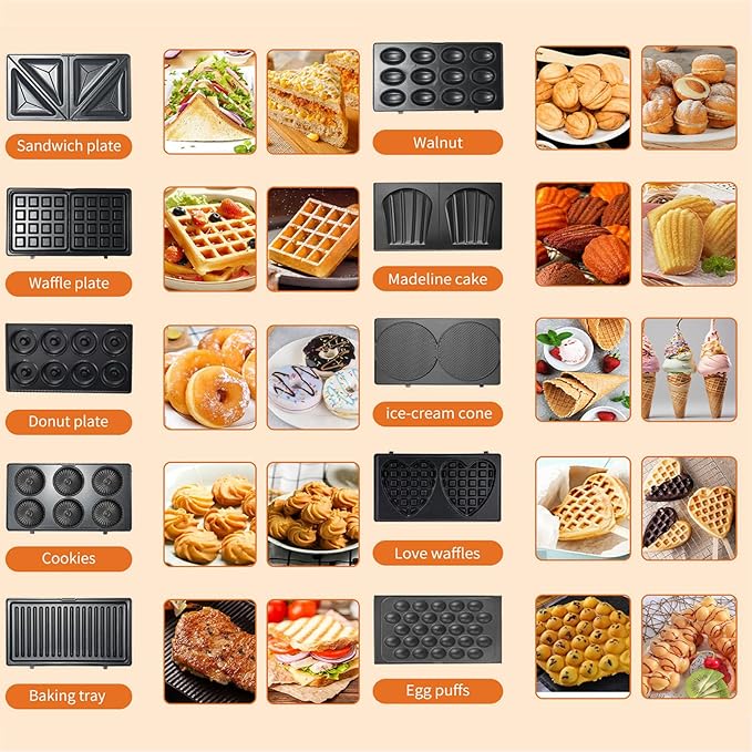 10 in 1 Waffle Maker with Removable Plates, 750W Electric Breakfast Sandwich Maker with Non Stick Coating, Compact Dual Panini Press Grill Machine for Donuts, Madeleine, Burgers, Snacks and Desserts
