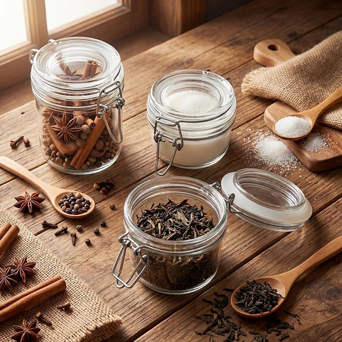 LemonRoad Airtight Glass Jars with Hinged Lids Set of 12, Paired with 2 Chalkboard Labels, Small Mason Jars in 3 Sizes (4/7/9.5oz), Clamp Lock Canisters for Jam, Spice, Honey, Kitchen Organization