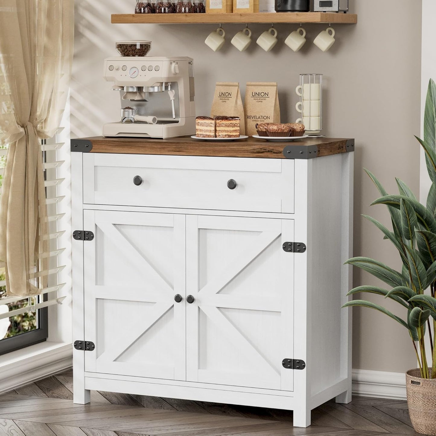 YESHOMY Farmhouse Coffee Bar Cabinet Sideboards, with Barn Doors, Spacious Drawer, Adjustable Interior Shelf, Generous Top Surface, for Kitchen, Bathroom, Entryway, Living Room, Pure White