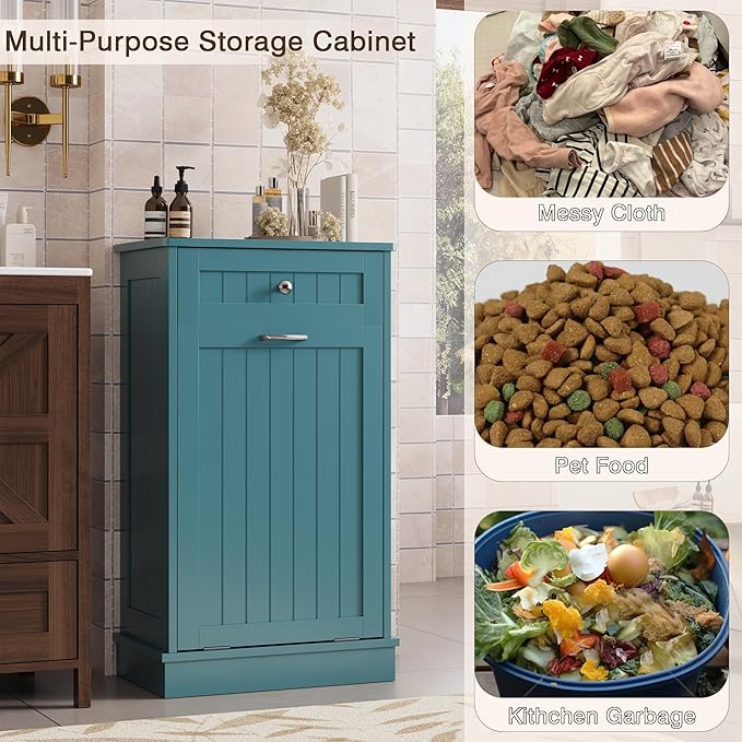 KIGOTY Tilt Out Trash Cabinet,Wooden Kitchen Trash Bin Holder Garbage Bin Recycling Cabinet Laundry Hamper with Solid Wood Countertop and Hideaway Drawer (Teal Blue)