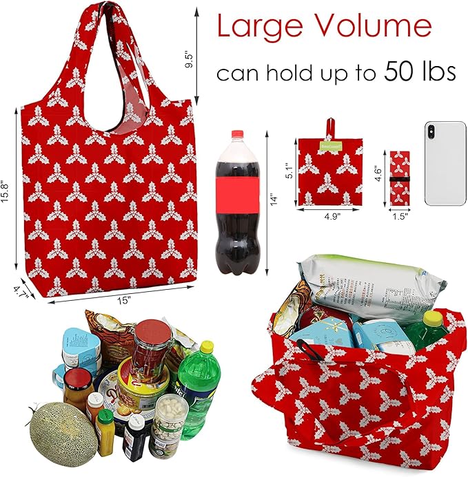 BeeGreen Christmas Red Reusable Grocery Bags 12 Pack with Storage Pouch & Elastic Band Gift Bags Shopping Tote Bags Bulk Ripstop 50LBS Extra Large Machine Washable