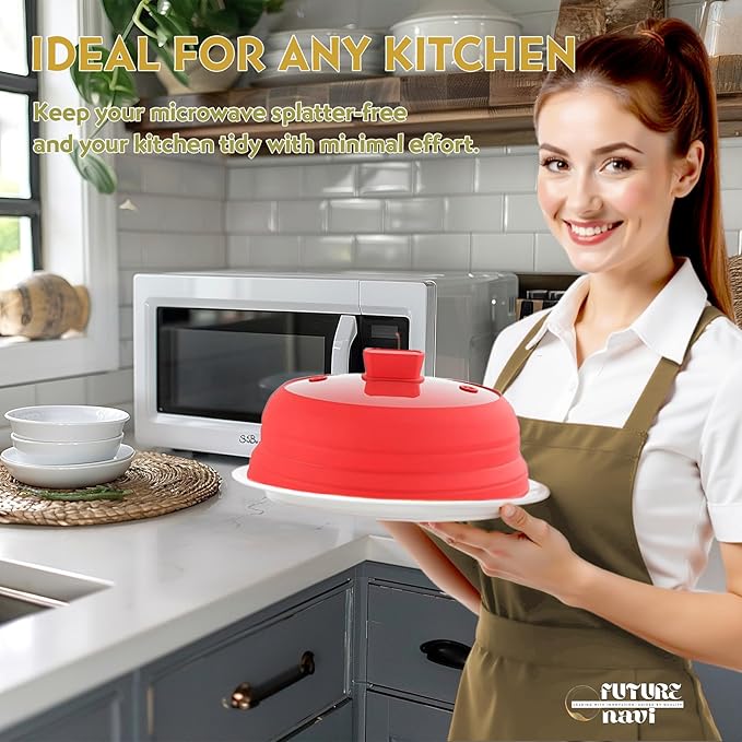 Collapsible Microwave Splatter Cover, Glass Silicone Foldable Microwave Lid for Food, 10.8 Inch Grease Splatter Guard for Pots, Pans & Bowls, Red