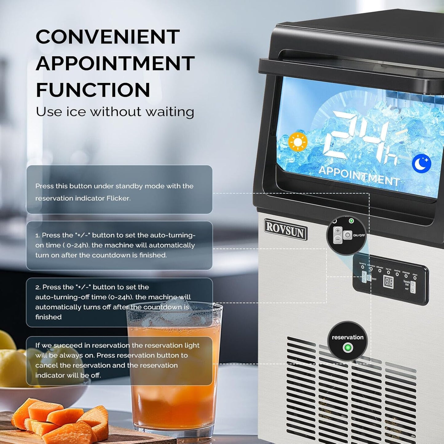 ROVSUN 90LBS/24H Countertop Ice Maker with 2 Water Inlets & Appointment Function, Freestanding Ice Machine with 11lbs Storage Bin, Ice Scoop, Drain Pipe & Water Inlet with Filter