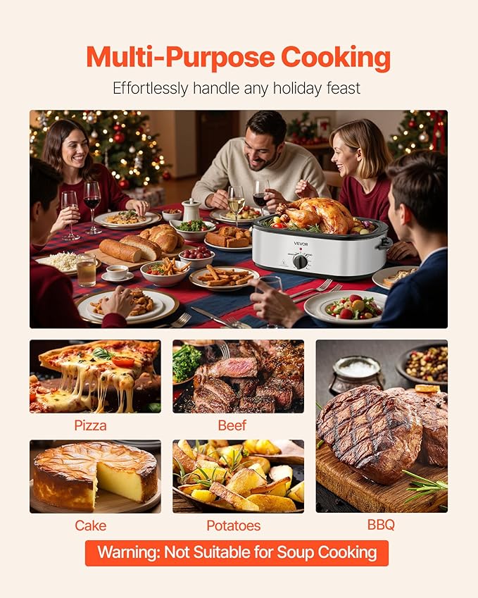 VEVOR Roaster Oven, 20QT Electric Roasting Pan, 150-450℉ Adjustable Temperature Fast-Cooking Turkey Roaster, Turkey Oven with Self-Basting Lid, Defrost & Warm Function for Home, Fits 24lb Turkey