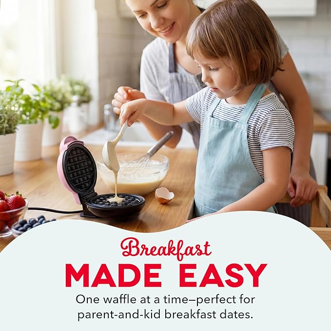 Dash Mini Waffle Maker- Compact Electric Iron for Creative Homemade Treats - PTFE nonstick surface - Easy-to-Clean - Perfect for Kids & Families - Pink
