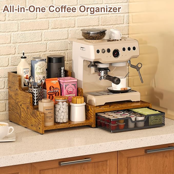 Coffee Station Organizer with K Cup Holder, 28 Pod Capacity,3-Tier Syrup Rack with Coffee Pod Holder Drawer, Coffee Bar organizer Countertop for Accessories,Rustic Brown