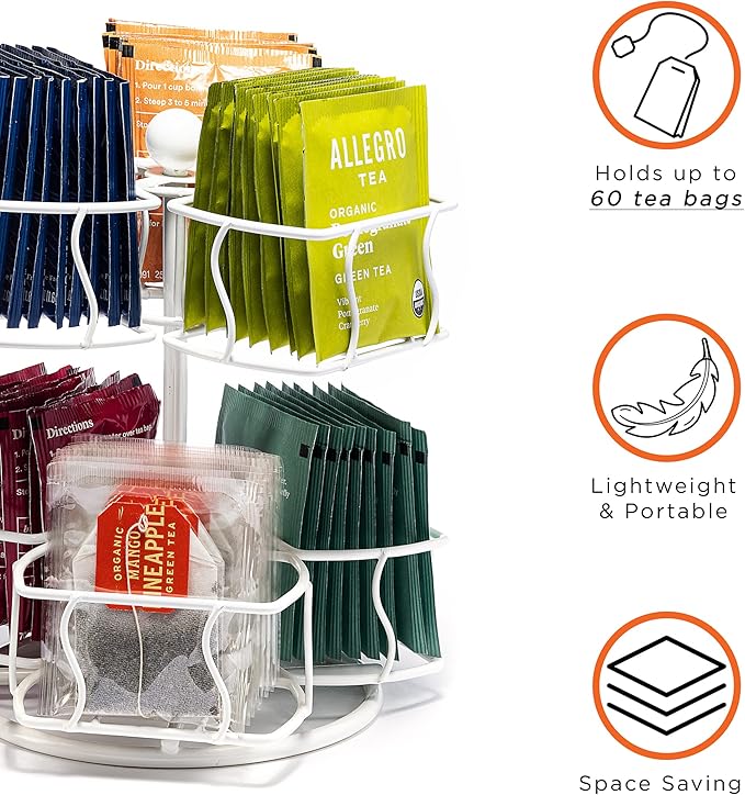 Sorbus Tea Bag Spinning Carousel - Tea Caddy Organizer for Countertop - Matcha Station Accessories - 2 Tier Revolving Storage for Pantry - Holds Up to 60 Large Tea Bags
