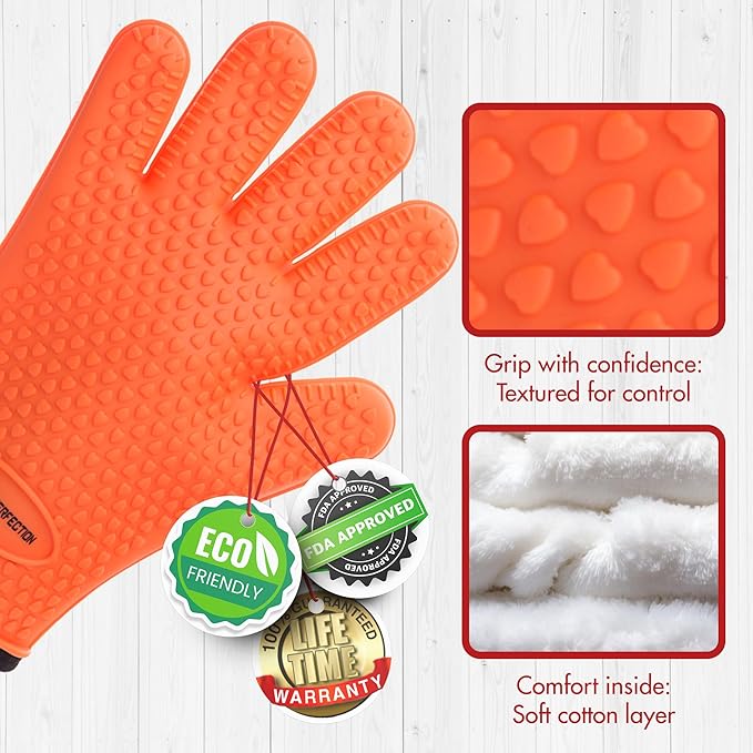 KITCHEN PERFECTION XL Silicone Oven & Griddle Gloves -Extreme Heat Resistant BBQ & Grilling Gloves -Handle Hot Food Right on Your Griddle |Waterproof Oven Mitts Grill Gloves |Superior Set+3 Bonuses