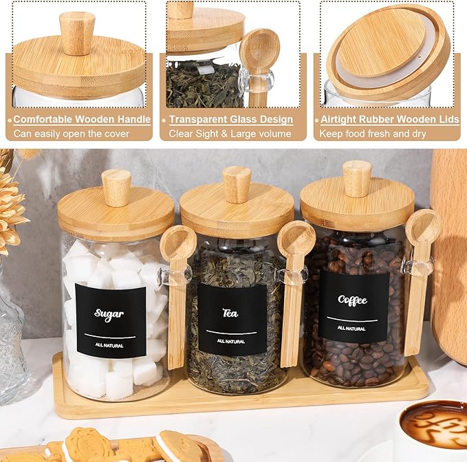 Suclain 3 Pcs Glass Coffee Container with Wooden Lid Spoon Shelf Labels Clear Airtight Jar Food Storage Canister Set for Sugar Spice Coffee Bean Holder Housewarming Gift(25 oz,Natural Bamboo)